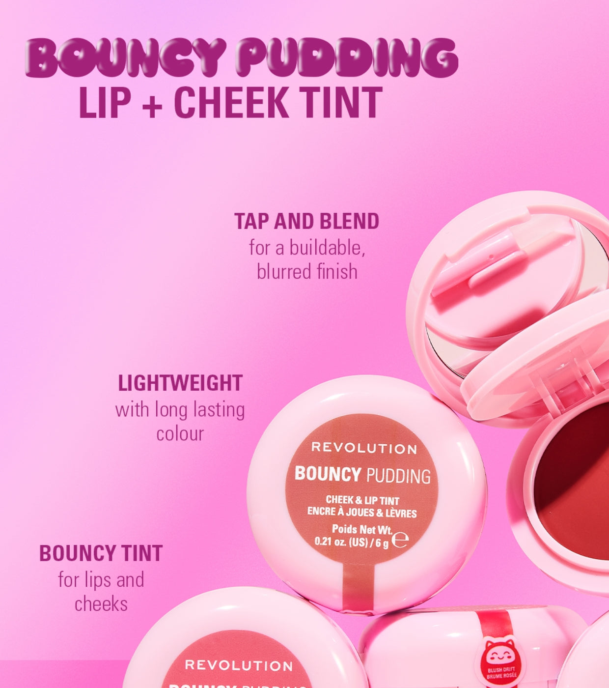Makeup Revolution - Tinte para mejillas y labios Bouncy Pudding - Rosy Cloud